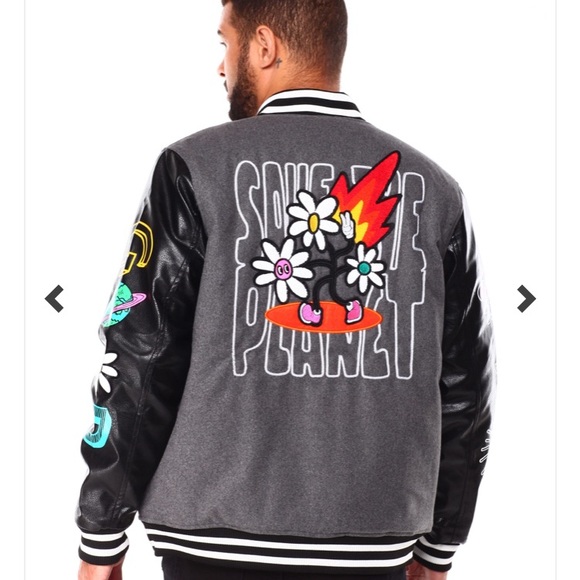 New Mens Save the Planet varsity with appliqués casual moto jacket coat - Picture 5 of 17